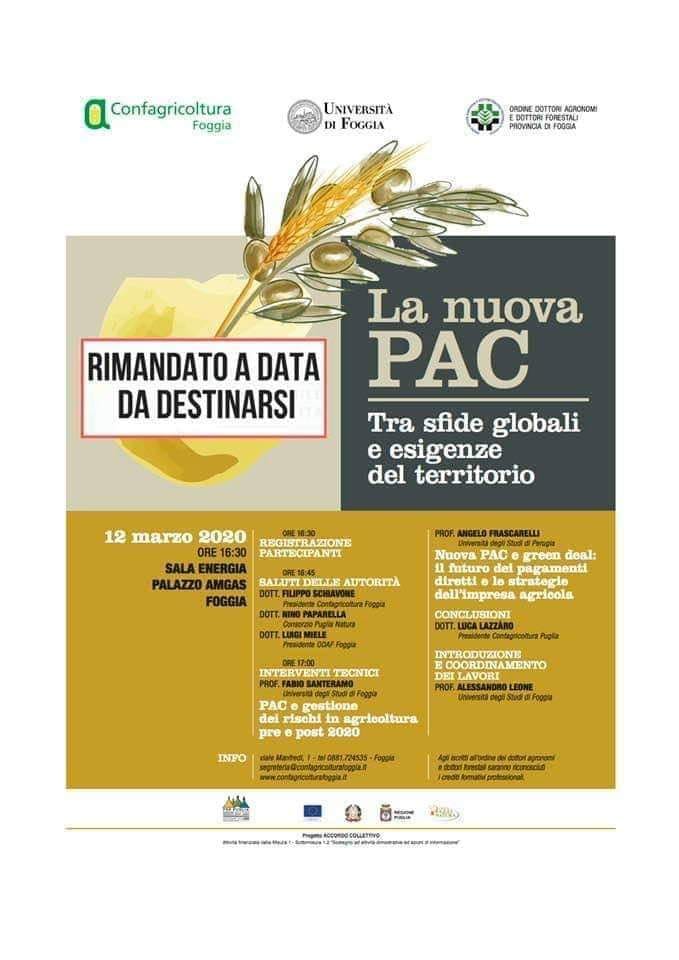 Rinviato a data da destinarsi convegno  su “La nuova PAC”